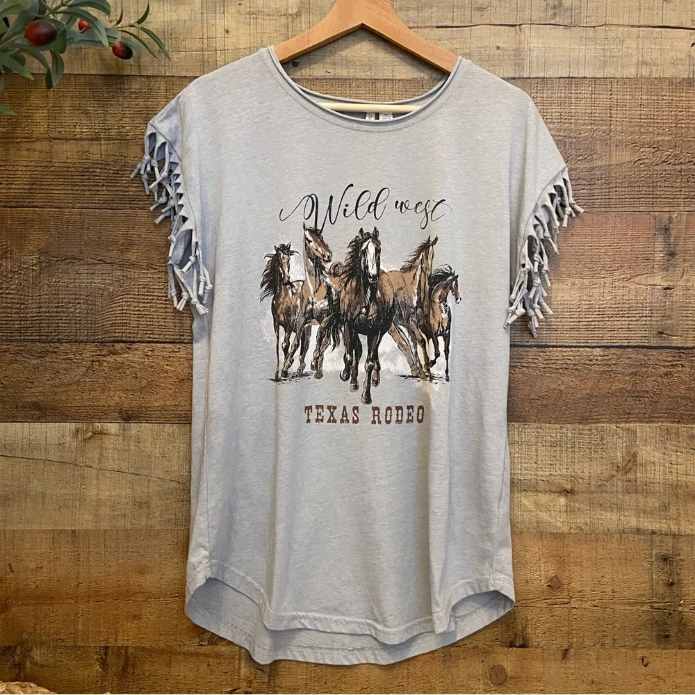 Texas Rodeo Horse Graphic Elevated Tee, Fringe Edges - Picture 1 of 9